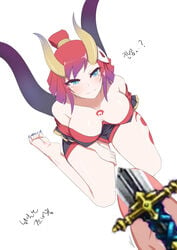 barefoot blood_moon_evelynn blood_moon_series blue_eyes body_markings breasts breasts_apart censored chest_tattoo cleavage clothing criss_(pixiv) demon_horns erection evelynn female from_above hair_tie horns japanese_clothes kimono large_breasts league_of_legends light_blush light_smile looking_up mask nail_polish novelty_censor off_shoulder oni penis red_hair sharp_toenails tattoo toenails