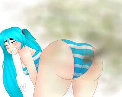 1girls big_ass big_butt bikini_top blue_bikini blue_hair fart fart_cloud fart_fetish farting farting_at_viewer farting_underwater farts hatsune_miku showing_ass showing_butt showing_off_ass striped_bikini striped_panties vocaloid