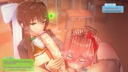 1boy 2girls 3d ball_sucking big_penis blush classroom ddlc_text_box doki_doki_literature_club holding_head i_do_things_(thingsdoi) koikatsu looking_at_viewer monika_(doki_doki_literature_club) pov sayori_(doki_doki_literature_club) sucking_tip