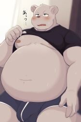 2024 ai_only_dream anthro bear belly big_belly blush bulge clothed clothing clothing_lift hi_res japanese_text kemono male mammal moobs navel nipples overweight overweight_male polar_bear shirt shirt_lift solo solo_male text topwear underwear ursine