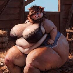 4_fingers 4_toes anthro barn blue_eye blush bra detailed_background detailed_eyes female hand_on_own_hip hotpants huge_thighs hyper_ass hyper_breasts large_belly leaning_back looking_at_viewer mane_over_eye morbidly_obese navel obese pig pigtail pinup pose sitting three-quarter_portrait tight_clothing