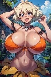 1girls ahoge ai_generated armband big_breasts bikini bikini_top blonde_hair blue_eyes blush dark_skin fangs female female_only forest front-tie_bikini gigantic_breasts grass_skirt huge_breasts jungle jungle_de_ikou large_breasts looking_at_viewer messy_hair midriff mii_(jungle_de_ikou) navel necklace short_hair skin_fang skirt skull_necklace solo solo_female stable_diffusion tampopo underboob