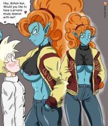 1boy 1girls areola_slip blonde_hair blue_eyes blue_skin color dragon_ball_z dragon_ball_z:_bojack_unbound dragon_ball_z_golden_age english_text female football_jersey jacket long_hair long_hair_female male older_female orange_hair orange_hair_female pointy_ears race_of_hera smaller_male son_gohan son_gohan_(young) super_saiyan taller_girl thewritefiction turtleneck underboob underwear younger_male zangya