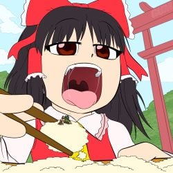 1boy 1girls black_hair brown_eyes chopsticks crossover doom doom_slayer_(doom) female giant giantess gumk41 hair_ornament hair_ribbon hakurei_reimu imminent_vore k437 larger_female male rice saliva_string size_difference smaller_male stuck touhou unaware unaware_vore uvula vore