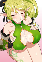 anemos_(elsword) bare_shoulders blush breast_hold breasts cleavage cleavage_cutout closed_eyes collarbone cum cum_on_body cum_on_breasts cum_on_hair cum_on_upper_body cumdrip detached_sleeves earrings elf elsword eyebrows_visible_through_hair facial female fingerless_gloves fluids gloves green_hair jewelry large_breasts long_hair lowres nt00 pointy_ears rena_(elsword) ribbon side_ponytail smile solo tattoo