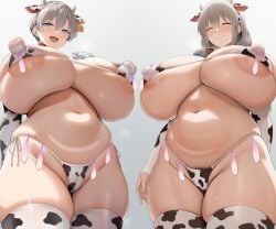 2girls breasts breasts_bigger_than_head chomikuplus cow_print cow_print_bikini female grey_hair hi_res huge_breasts light-skinned_female light_skin long_hair mature_female milf mother mother_and_daughter multiple_girls short_hair side_ponytail thick_thighs used_condom uzaki-chan_wa_asobitai! uzaki_hana uzaki_tsuki wide_hips