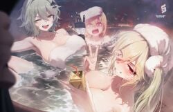 3girls armpits bath blonde_hair blush boar brown_eyes burnice_white caesar_king cleavage drinking embarrassed gray_hair hair_ornament hires hoyoverse huge_breasts legs_in_water looking_at_viewer luciana_de_montefio metal_hand onsen orange_eyes peace_sign red_eyes robotic_hand shocked_expression short_hair sons_of_calydon sushispin towel towel_on_breasts towel_on_head twintails water wet zenless_zone_zero