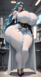 ai_generated aqua_hair bare_shoulders big_breasts breasts clothed clothing curvy female forehead glasses glowing_eyes green_eyes huge_breasts hyper_breasts laboratory lips looking_at_viewer one-punch_man psykos smirk smug tall_female thick_thighs voluptuous white_dress wide_hips