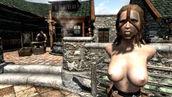 1boy 1girls 3d ball_gag blonde_hair bondage clothed_male_nude_female gag gagged m7seven mjoll_the_lioness mod skyrim