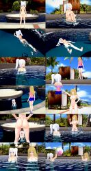 2girls abby_(retropunch) ass barefoot beach_ball blonde_hair breasts completely_nude completely_nude_female female female_only koikatsu long_hair long_hair_female multiple_girls navel nipples nude nude_female nudist partially_submerged pink_shirt pink_sneakers pool pussy retropunch rin_(darkspider94) rin_inoue shirt short_shorts skinny_dipping sneakers splashing swimming twintails undressing white_hair