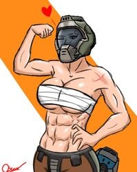 1girls abs arm_up bandage bandages crash_(quake) datonestarfox2 doom doom_slayer_(doom) female female_only flexing hand_on_hip heart helmet muscular_female quake quake_3 rule_63 sarashi scar scar_across_eye tattoo topless