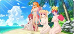 4girls accurate_art_style beach blonde blonde_hair blue_sky bonnibel_(crush_crush) breasts bucket cloud crush_crush female female_focus female_only inflatable iro_(crush_crush) long_hair mio_(crush_crush) multiple_girls naked nina_(crush_crush) nude nude_female nutaku orange_hair pinup pubic_hair rainbow_hair red_hair sad_panda_studios sand shovel