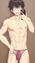 1boy abs bulge male male_only muscular pubic_hair pubic_hair_peek selfie solo solo_male tamahiro_(pixiv)