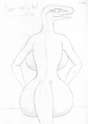 anthro anubis-13 breasts delta_(jurassic_world) dinosaur jurassic_park jurassic_world looking_back monochrome raptor tail teeth text