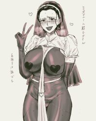 big_breasts blush breath canon_genderswap elbow_gloves facial_scar female female_only genderswap_(mtf) gloves hair_slicked_back heart_pasties kaisenmilktea lipstick mature mature_female monochrome nun one_piece pasties pelvic_curtain rule_63 scar see-through_clothing short_hair sir_crocodile smile solo sweat veil