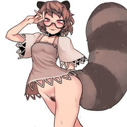 1:1 :3 animal_humanoid blush bottomless breasts brown_hair canid canid_humanoid canine canine_humanoid cleavage clothed clothing eyewear female glasses hair hi_res humanoid mamizou_futatsuiwa mammal nyong_nyong open_mouth pubes pubic_hair red_eyes shirt short_hair solo striped_tail stripes sweat sweatdrop tanuki_humanoid topwear touhou vhfd video_games