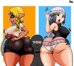 1boy 2girls ass ass_focus big_ass big_breasts blue_eyes blue_hair breasts clothed dawn_(pokemon) eye_contact female humanoid inkling inkling_girl large_ass long_hair looking_at_viewer looking_back middle_finger new_agent_3_(splatoon) nintendo nipples_visible_through_clothing no_bra normi panties pokemon pokemon_bdsp pokemon_dppt sideass splatoon splatoon_3 teasing tentacle_hair thick_ass thick_thighs thighs underass underboob yellow_eyes