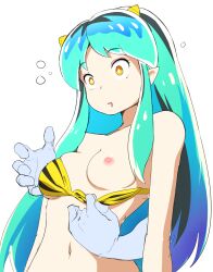 alien_girl bikini breasts etlabsotwe green_hair horn light_skin long_hair lum nipples one_breast_out orange_eyes pointy_ears urusei_yatsura