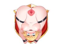 blonde_hair blue_eyes bondage bound captured captured_heroine completely_nude crying defeated defeated_heroine ketchup_ajino_mayonnaise_(artist) knight_(goblins_strike_back) mounted_on_shield pussy rape succubus_alchemist_transformation_orgasming_hell suspended uncensored vagina