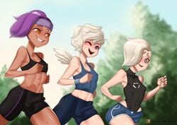 3boys al_bhed_eyes blonde_hair blue_eyes blush bulge crop_top dark-skinned_femboy dark-skinned_male dark_skin exercise femboy hazel_eyes headband isaac_(zipsha) looking_at_viewer male male_only momo_de_fleuve open_mouth purple_hair rio_(ra4s) running smiling spiral_eyes stomach_bulge sweat teeth tongue_out wings winking yellow_eyes zipsha