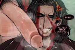 2guys angry bara blood_on_face dialogue fat_cock gay honestly_quite_incredible huge_cock humongous_cock imminent_death imminent_sex jia_qiu_(limbus_company) lei_heng_(limbus_company) limbus_company looking_at_penis men_only muscular oh_my_goodness_gracious paradise project_moon reference_to_character smoke spoilers tomo985 tomoart985 yaoi