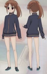 bare_legs bottomless female long_sleeves naked_track_jacket pantless ponytail saki_achiga-hen sneakers takakamo_shizuno track_jacket