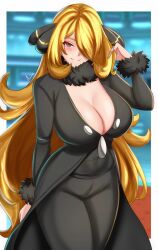 1girls alternate_breast_size anisdrawn blonde_hair breasts cleavage cynthia_(pokemon) female fur_collar hair_over_one_eye large_breasts light-skinned_female light_skin long_hair nintendo pokemon pokemon_dppt