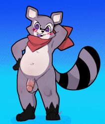 absurd_res anthro blush genitals hi_res himacat indigo_park kerchief kerchief_only male mammal mostly_nude neckerchief neckerchief_only penis presenting procyonid raccoon rambley_(indigo_park) solo standing