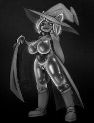 anthro biped breasts cape cat_ears_(disambiguation) cloak clothing coat female female_anthro flophelia genitals goo_creature hat headgear headwear humanoid humanoid_genitalia humanoid_pussy monochrome nipples pussy slime topwear witch_hat