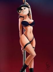 1girls black_hair cockstar_studios female fishnet_legwear gorillaz hi_res human looking_at_viewer noodle_(gorillaz) pole_dancing tagme