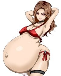 1girls 2d arms_behind_head beauty_mark belly big_belly big_breasts bikini breasts brown_hair cleavage disproportional female huge_belly hyper_belly hyper_breasts hyper_pregnancy nipple_bulge outie_navel pregnant ready_to_pop sado_art solo swimsuit