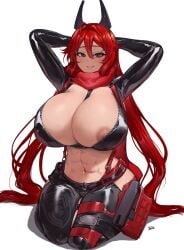 1girls abs alternate_breast_size batako breasts female goddess_of_victory:_nikke hips huge_breasts light-skinned_female light_skin long_hair massive_breasts midriff red_eyes red_hair red_hood_(nikke) simple_background thick_thighs thighs wide_hips