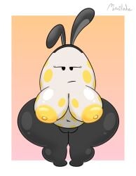 ass battle_for_dream_island big_areola big_ass big_breasts bored breasts bunny_ears bunnysuit chubby eggy_(bfdi) front_view moonilade nipples non-human object_show object_shows pussy shiny_skin shortstack solo standing thick_thighs yellow_nipples