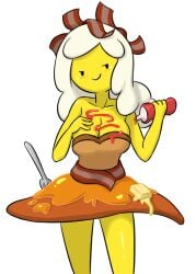 adventure_time bacon blush breakfast_princess cartoon_network dress egg food food_creature food_play ketchup pancake side_eye tagme white_hair yellow_body