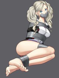 ann_takamaki arms_behind_back barefoot blonde_hair blue_eyes bondage bound bound_ankles bound_arms bound_legs clothed clothed_female duct_tape female femsub gag gagged gbeeee long_hair looking_at_viewer persona persona_5 solo tape tape_bondage tape_gag taped_ankles taped_arms taped_legs taped_mouth twintails uniform