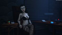 1girls 3d ashtray bare_shoulders bioshock bioshock_infinite black_hair black_legwear black_stockings blue_eyes bra breasts cards chair cigarette cleavage clothing crossed_legs curvy detailed_background elizabeth_comstock eyeshadow female female_only front_view glowing holding holding_cigarette holding_object hourglass_figure human indoors inside large_breasts legwear lingerie lipstick long_hair looking_at_viewer midriff nail_polish navel radio rapture_(bioshock) red_lips red_lipstick red_nail_polish red_nails room selfmindsources shadow shiny shiny_skin sitting smoke smoking solo solo_female source_filmmaker stockings table thong twitter_username voluptuous wide_hips