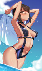 armpits arms_behind_head black_hair black_neckwear blush breasts brown_eyes choker closed_mouth cloud cloudy_sky collarbone female fluids girls_und_panzer glasses groin kawashima_momo looking_at_viewer medium_breasts navel nt00 ocean shiny shiny_hair shiny_skin short_hair sideboob skindentation sky solo standing swimsuit swimwear tan towel water_drop wet