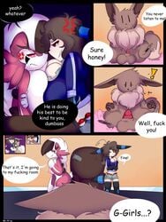 1boy 2girls absurd_res alternate_color animal_genitalia anthro anthrofied ball big_breasts breasts brown_fur cleavage clothed comic dialogue eevee eeveelution feet female feral furry hi_res huge_testicles humanized male mammal ness_(nic-m-lyc) nic-m-lyc nicole_(nic-m-lyc) nintendo nude original_character paws penis pink_eyes pink_sclera pokémon_(species) pokemon pokemon_gsc pokemon_rgby pokemon_sm red_fur sheath shiny_pokemon shorts testicles text umbreon video_games