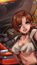 1girls 7_angels blue_eyes brown_hair car choker eyes_visible_through_hair lips lipstick midriff mole_under_eye navel no_bra nutaku red_lipstick selfie seven_angels suspenders tied_hair trish_(7_angels) uncensored underboob