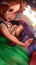 1boy 1girls 7_angels artist_request blue_eyes brown_hair car choker cleavage cum cumshot driving ejaculation female_ejaculation fingering handjob handjob_multitask lipstick mutual_masturbation nutaku one_eye_closed penis pussy_juice red_lipstick seven_angels suspenders tied_hair trish_(7_angels) uncensored