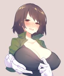 annoyed big_breasts blush blushing breast_grope brown_hair bust chara cleavage disembodied_hands erect_nipples female floating_hands gloves groping heavy_blush jacket kaisen_chuui large_breasts medium_hair napstaton nervous nipple_bulge short_hair simple_background swapfell undertale