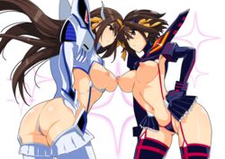 2girls :c absurdres ass ass_visible_through_thighs between_labia black_legwear black_panties blush breastless_clothes breasts brown_eyes brown_hair cameltoe catfight cosplay cowboy_shot female female_only from_side gloves hand_on_hip haruhisky highres impossible_clothes innie_pussy junketsu kill_la_kill kiryuuin_satsuki_(cosplay) large_breasts light_blush long_hair looking_away matoi_ryuuko_(cosplay) multiple_girls navel nipples no_bra panties senketsu shiny shiny_skin short_hair shoulder_pads sidelocks simple_background sisters staredown suzumiya_haruhi suzumiya_haruhi_no_yuuutsu thighhighs thong turtleneck underwear white_background white_gloves white_legwear wind