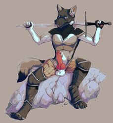 animal_genitalia animal_penis anthro armor balls canid canine canine_penis canis clothed clothing erection jeanwoof knot looking_at_viewer male male_only mammal mask melee_weapon open_mouth penis sitting solo sword topless weapon wolf