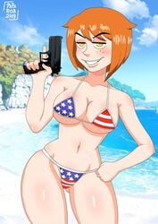 1girls american_flag american_flag_bikini beach breasts detailed_background female freckles gun hijude orange_hair original pistol robertarts tagme yellow_eyes