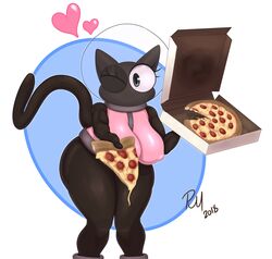 2018 anthro anthrofied ass black_fur breasts butt cartoon_network cookie_cat_(steven_universe) feline female furry genderbent huge_ass huge_breasts pink_clothing pizza pizza_box redmoon83 simple_background space_helmet steven_universe tagme tail thick_thighs watermark