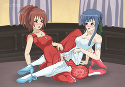 2girls aoi_nagisa arm_support blue_hair blue_necklace blue_shoes blush breasts clothed_sex couple dress dress_lift eye_contact female female_fertilization flower green_ribbons hair_bun hair_ornament high_heels jewelry leaning_back long_hair looking_at_another medium_breasts multiple_girls necklace no_panties ovum pantyhose pussy_juice red_dress red_hair red_necklace red_ribbon red_shoes ribbon setrakian strawberry_panic! suzumi_tamao tied_hair torn_clothes torn_pantyhose tribadism uncensored white_dress yuri