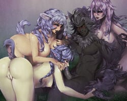 3girls dark-skinned_male foursome kiguryu male monster_boy monster_girl penis sheep_girl