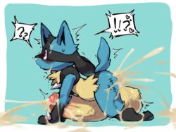 ! !!? 1boy ? all_fours anthro big_testicles blue_fur blush body_writing canine cum cum_from_ass cumshot ejaculation excessive_cum fur furry huge_testicles hyper hyper_penis hyper_testicles lucario male male_lucario male_only nintendo nude open_mouth orgasm original_character penis pokemon pokemon_(species) pokemon_dppt red_eyes shaking solo solo_male sweat tenpura testicles text thick_thighs trembling uncut veins veiny_penis video_games yellow_fur