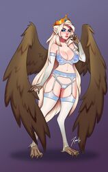 1girls 2019 blue_eyes bra breasts cleavage clothing dota dota_2 feathered_wings feathers female female_only hair lingerie lipstick long_hair panties shendelzare solo thighhighs tiara vengeful_spirit video_games wings xinaelle