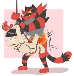 2boys absurdres anal anal_sex anthro bondage bound crossover duo enookie furry gay highres humanincineroar interspecies larger_male male male_only male_penetrated mammal matsuno_ichimatsu nintendo penis pokemon pokemon_sm sex size_difference smaller_male testicles yaoi